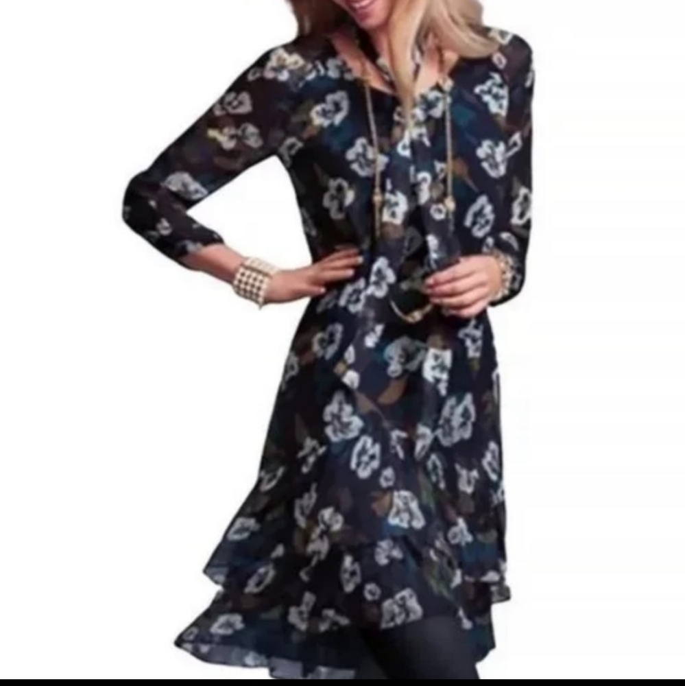 NWOT CAbi Pirouette Floral Semi Sheer Long Sleeve Tiered Dress